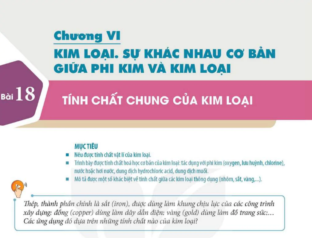 Chương VI. KIM LOẠI. SỰ KHÁC NHAU CƠ BẢN GIỮA PHI KIM VÀ KIM LOẠI