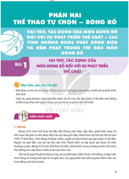 PHẦN HAI. THỂ THAO TỰ CHỌN - BÓNG RỔ - Chủ đề 1: VAI TRÒ, TÁC DỤNG CỦA MÔN BÓNG RỒ ĐỐI VỚI SỰ PHÁT TRIỂN THỂ CHẤT – CÁC TÌNH HUỐNG ĐƯỢC PHÁT BÓNG BIÊN VÀ NÉM PHẠT TRONG THI ĐẤU MÔN BÓNG RỔ
