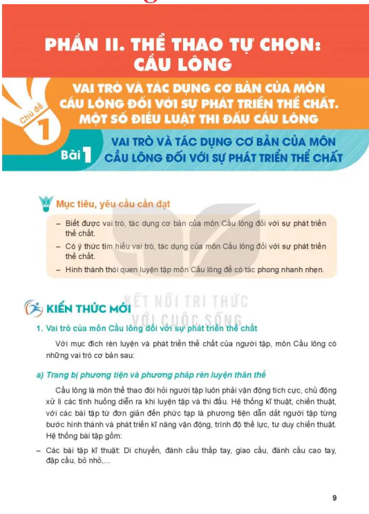 Phần II: Thể thao tự chọn - Chủ đề 1: Vai trò và tác dụng cơ bản của môn cầu lông đối với sự phát triển thể chất. Một số điều luật thi đấu cầu lông