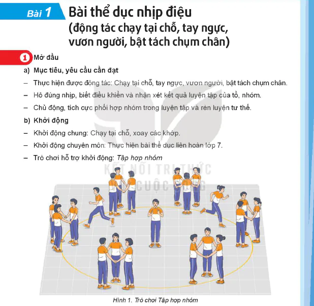 Bài 1: Bài tập thể dục nhịp nhịp điệu (động tác chạy tại chỗ, tay ngực, vươn người, bật tách chụm chân)