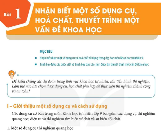 Bài 1: Nhận biết một số dụng cụ, hóa chất. Thuyết trình một vấn đề khoa học