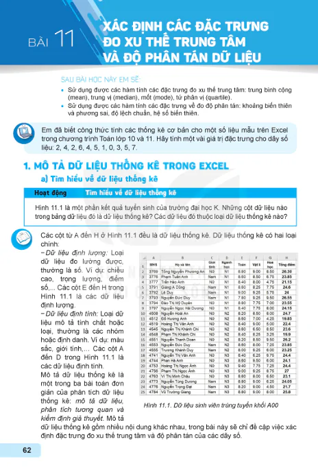 BÀI 11: XÁC ĐỊNH CÁC ĐẶC TRƯNG ĐO XU THẾ TRUNG TÂM VÀ ĐỘ PHÂN TÁN DỮ LIỆU