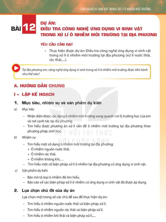 Bài 12: Dự Án: Điều Tra Công Nghệ Ứng Dụng Vi Sinh Vật Trong Xử Lí Ô Nhiễm Môi Trường Tại Địa Phương