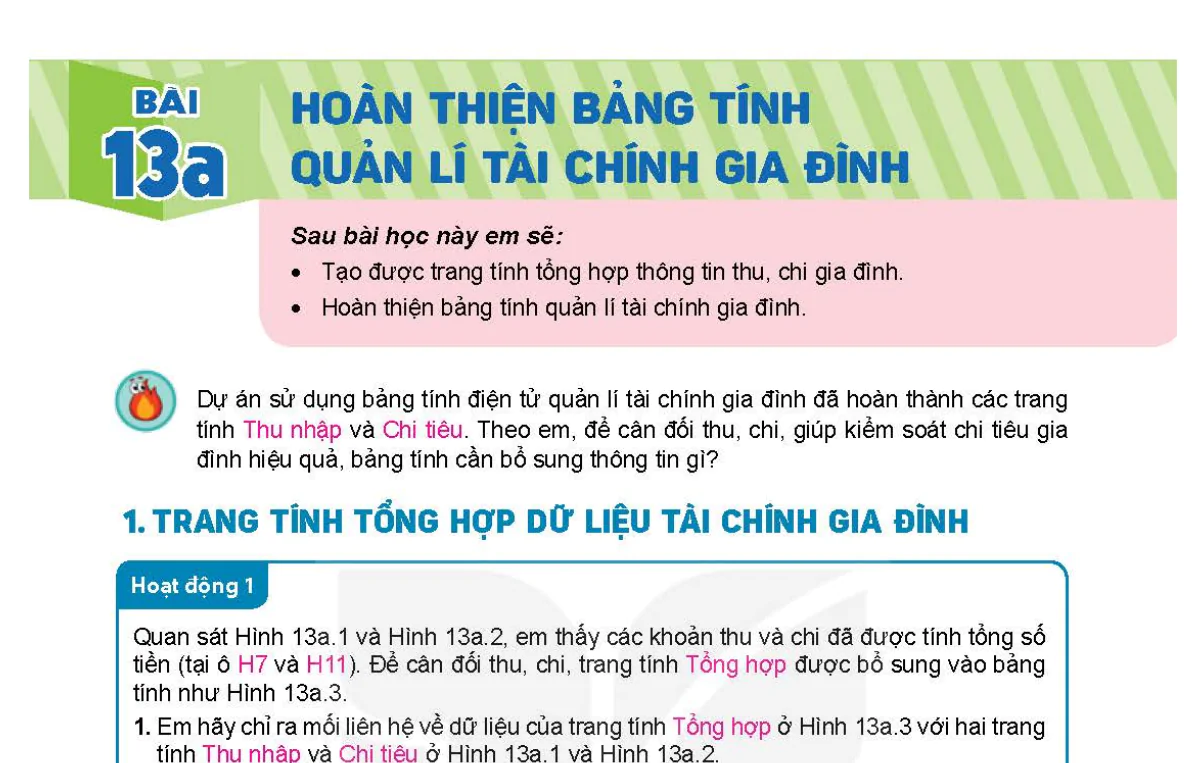 Bài 13a. Hoàn thiện bảng tính quản lí tài chính gia đình