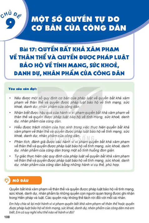 Bài 17: QUYỀN BẤT KHẢ XÂM PHẠM VỀ THÂN THỂ VÀ QUYỀN ĐƯỢC PHÁP LUẬT BẢO HỘ VỀ TÍNH MẠNG, SỨC KHOẺ, DANH DỰ, NHÂN PHẨM CỦA CÔNG DÂN