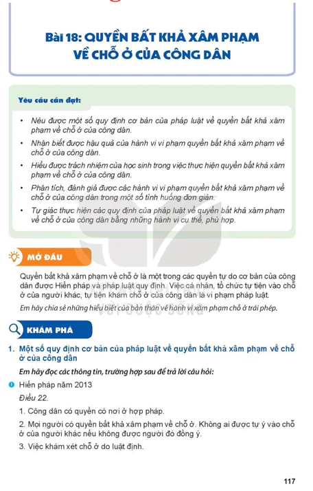 Bài 18: QUYỀN BẤT KHẢ XÂM PHẠM VỀ CHỖ Ở CỦA CÔNG DÂN