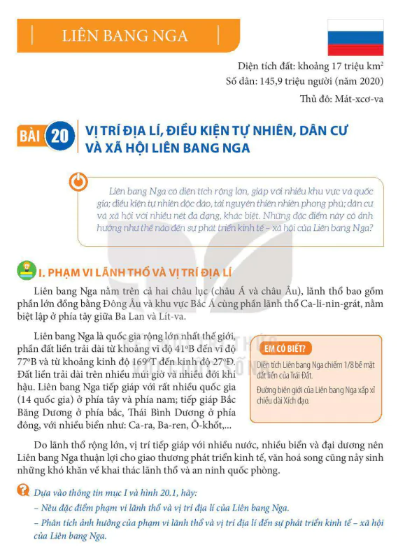 Bài 20  Vị trí địa lí, điều kiện tự nhiên, dân cư và xã hội Liên bang Nga