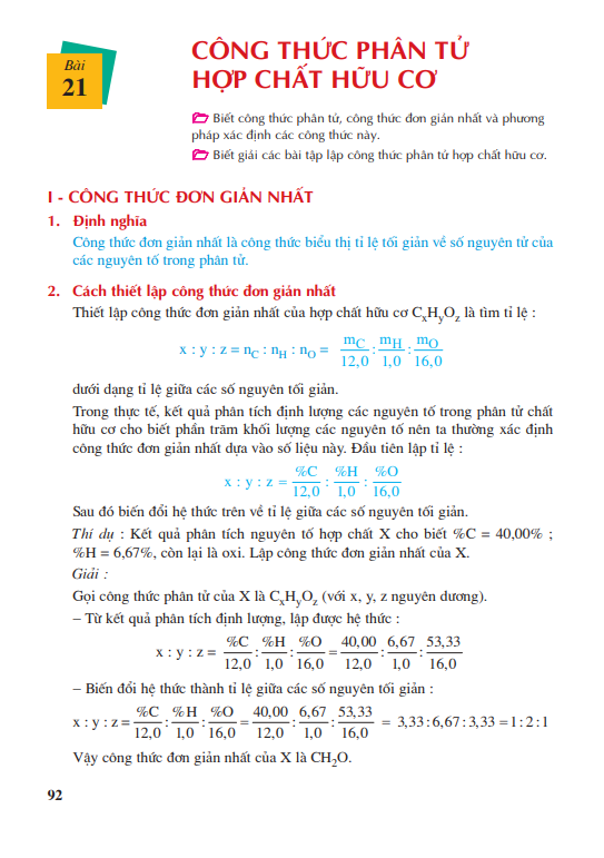 Bài 21: Công thức phân tử hợp chất hữu cơ