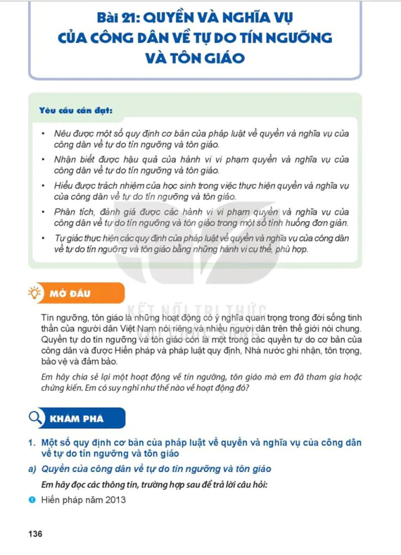 Bài 21: QUYỀN VÀ NGHĨA VỤ CỦA CÔNG DÂN VỀ TỰ DO TÍN NGƯỠNG VÀ TÔN GIÁO