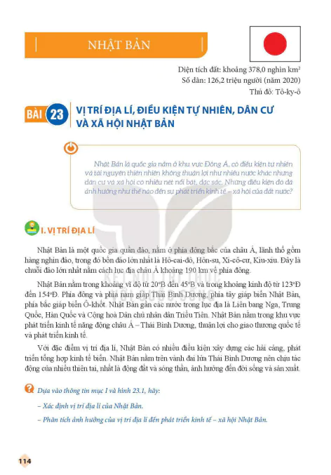 Bài 23 Vị trí địa lí, điều kiện tự nhiên, dân cư và xã hội Nhật Bản