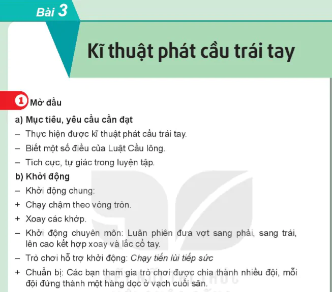 Bài 3: Kĩ thuật phát cầu trái tay  - Chủ đề 1: Cầu lông