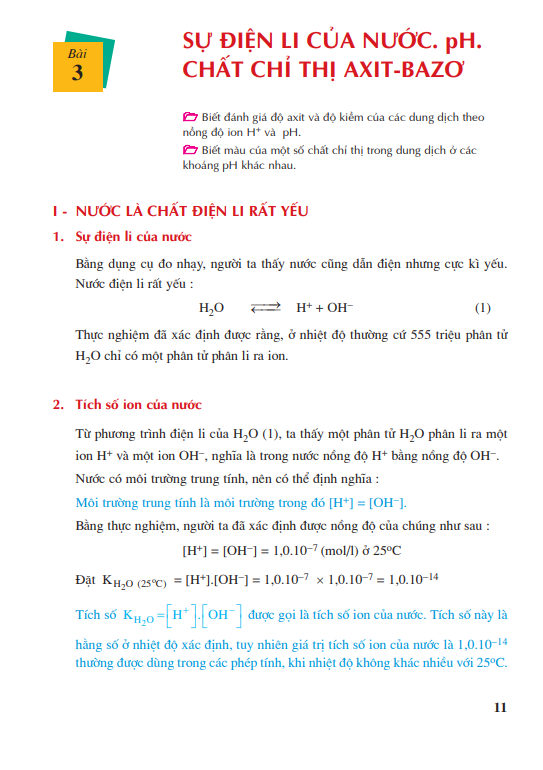 Bài 3: Sự điện li của nước. pH. Chất chỉ thị axit-bazơ