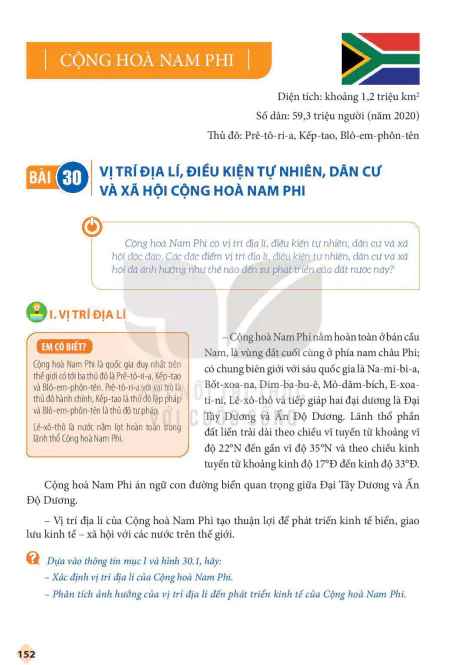 Bài 30: Vị trí địa lí, điều kiện tự nhiên, dân cư và xã hội Cộng hoà Nam Phi