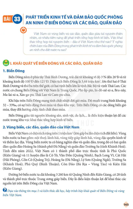 BÀI 33: PHÁT TRIỂN KINH TẾ VÀ ĐẢM BẢO QUỐC PHÒNG AN NINH Ở BIỂN ĐÔNG VÀ CÁC ĐẢO, QUẦN ĐẢO