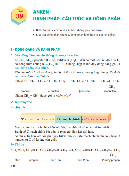 Bài 39: Anken: Danh pháp, cấu trúc và đồng phân