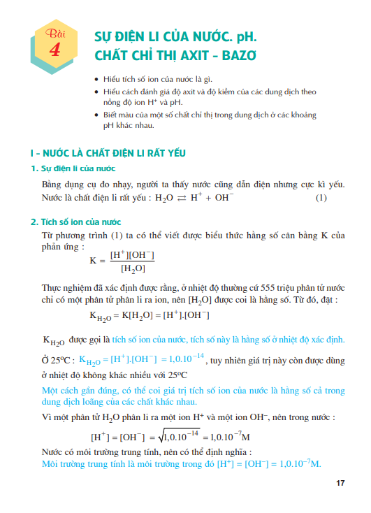 Bài 4: Sự điện li của nước. pH. Chất chỉ thị axit-bazơ