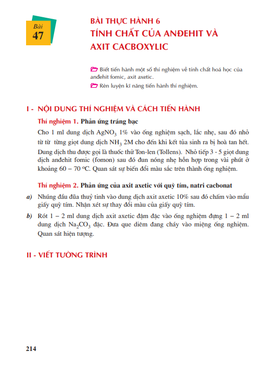 Bài 47: Bài thực hành 6 : Tính chất của anđehit và axit cacboxylic 