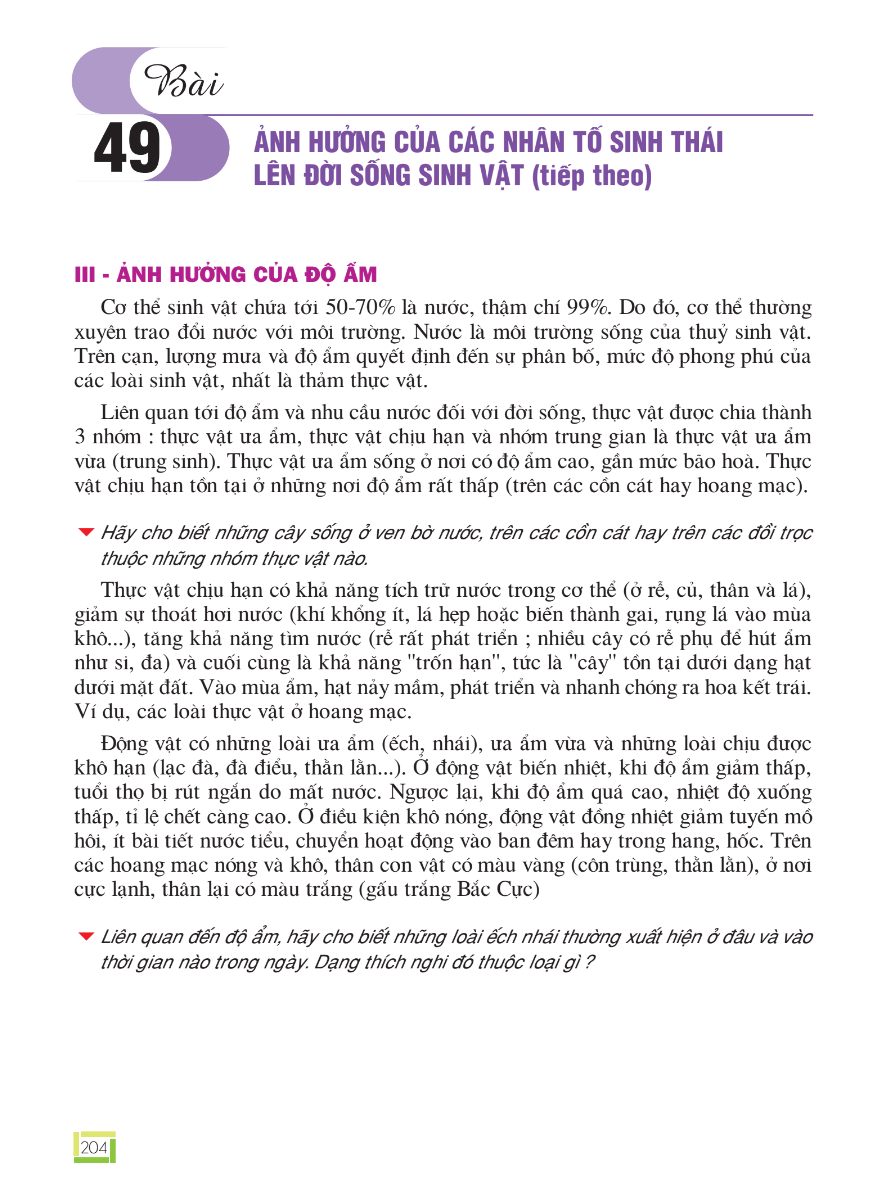 Bài 49: Ảnh Hưởng Của Các Nhân Tố Sinh Thái Lên Đời Sống Sinh Vật (Tiếp theo)