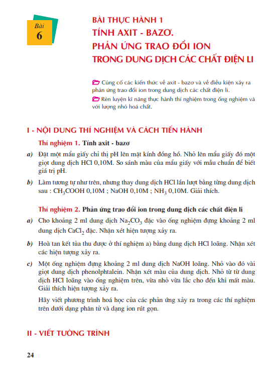 Bài 6: Bài thực hành 1: Tính axit-bazơ. Phản ứng trao đổi ion trong dung dịch các chất điện li