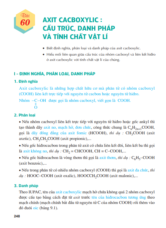 Bài 60: Axit cacboxylic: Cấu trúc, danh pháp và tính chất vật lí