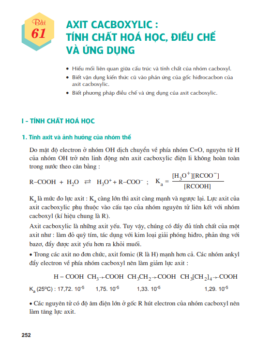 Bài 61: Axit cacboxylic: Tính chất hóa học, điều chế và ứng dụng