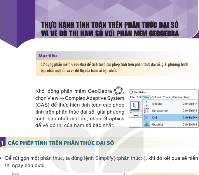 Thực hành tính toán trên phân thức đại số và vẽ đồ thị hàm số với phần mềm Geogebra