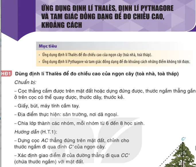 Ứng dụng định lí Thalès, định lí Pythagore và tam giác đồng dạng để đo chiều cao, khoảng cách